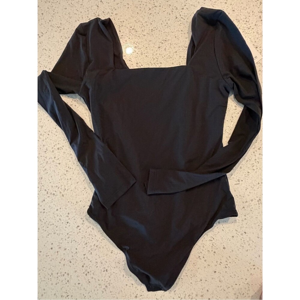 Quince Second Skin Black Long-Sleeve Square-Neck Bodysuit XS